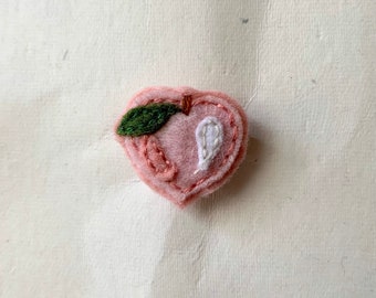 Pink peach fruit mini pin/brooch/button // hand embroidered whimsical/cottagecore felt fiber art pin