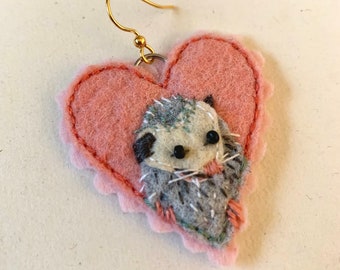 PREORDER for embroidered possum earrings/hand embroidery scalloped pink felt cute opossum gold plated fiber art jewelry gifts for her