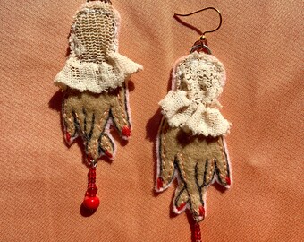 Handmade bleeding hand earrings/hand embroidered felt goth/punk/witchy beaded gold plated fiber art jewelry gifts for her