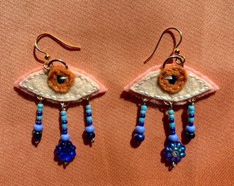 Handmade crying eye earrings/hand embroidered felt goth/punk/witchy beaded gold plated fiber art jewelry gifts for her