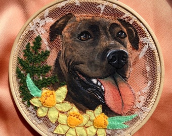 Custom pet portrait embroidery/painting on upcycled lace//handmade watercolor painting and fiber art cat/dog floral wall art hoop embroidery