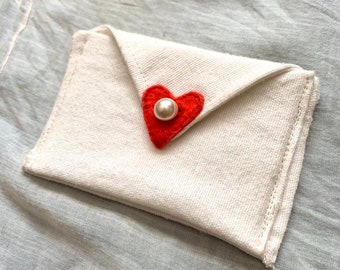 Heart envelope flat wallet/card holder/coin purse//handcrafted upcycled cute heart shaped cotton pinch pouch with vintage faux pearl closure