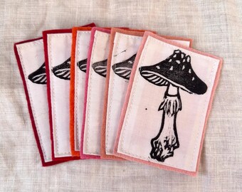 Mushroom printed patch // handmade linocut block print sew on witchy/whimsigoth/nature fungi design felt patch for jacket
