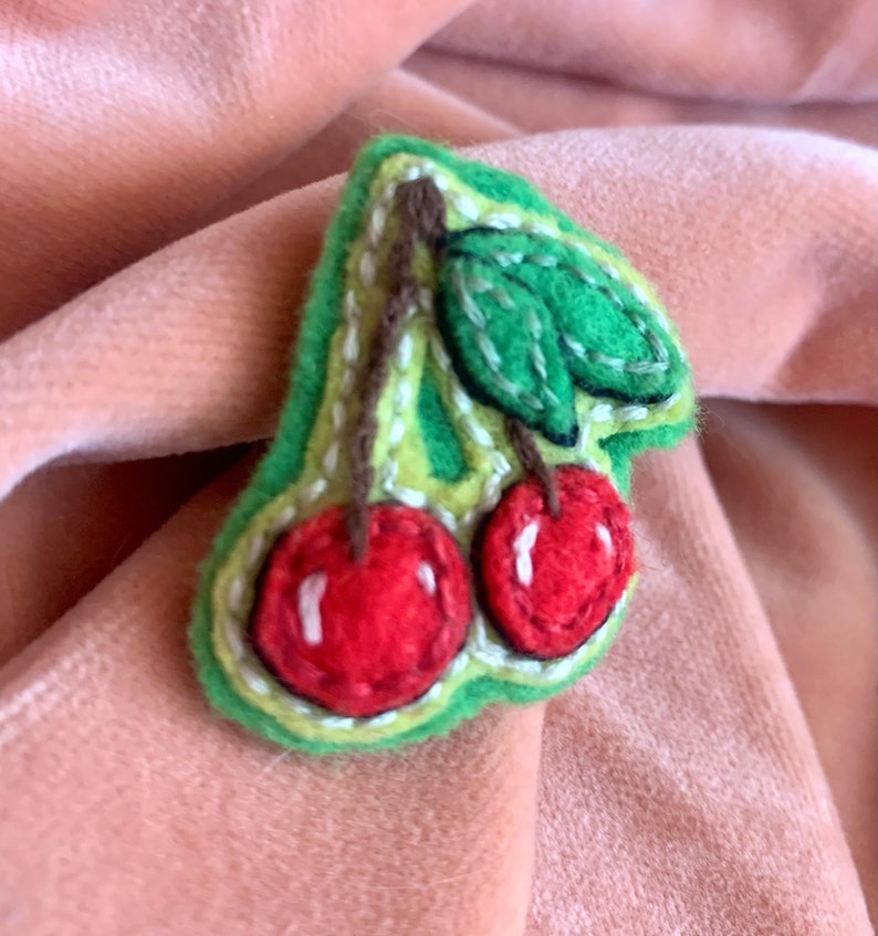 Hand Embroidered Red Cherry Felt Pin/brooch Cute Handstitched Etsy