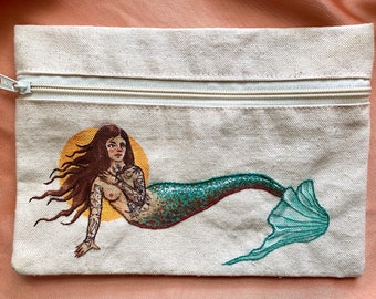 Mermaid bag//hand embroidered and painted tattooed mermaid/siren/sea witch zippered cotton canvas pouch/purse