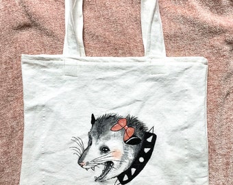 Feral possum with pink bow and spiked collar cotton tote bag/hand painted punk/whimsical/witchy upcycled opossum handmade shoulder bag/purse