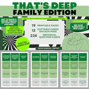 Isso é Deep Family Edition, download digital de cartões de perguntas sobre vínculo familiar, cartões de conversa em família, intimidade emocional para famílias
