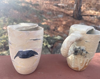 Travel Mugs Aspen & Birch Tree Pottery hand carved with built in travel lid various sizes