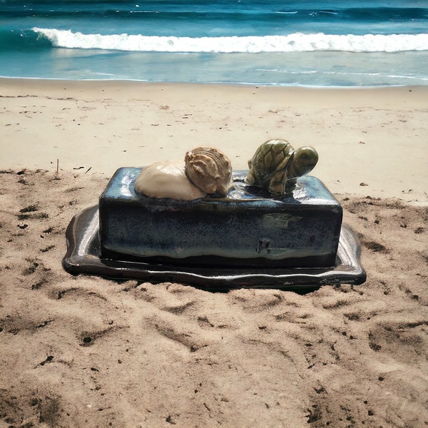 Ceramic Turtle Butter Dish. Blue Green Dish with a small turtle family on top