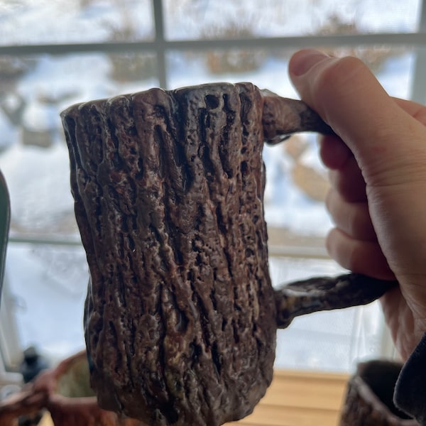 Tree Bark Mugs with Various Sizes. Handmade and Hand-Carved. Customization Available upon request