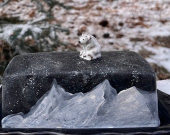 Ceramic Butter Dish. Black dish with polar bear or moon and hand painted mountains.