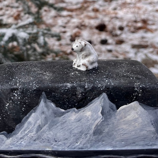 Ceramic Butter Dish. Black dish with polar bear or moon and hand painted mountains.