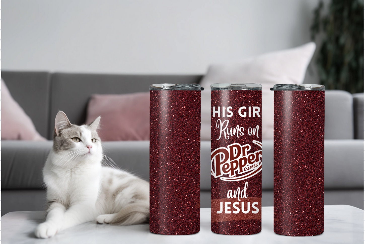 This girl runs on Dr. Pepper and Jesus Tumbler, Stainless Steel Skinny  Tumbler with Straw, 20oz Sublimated Christian Messy Bun Tumbler, Gift