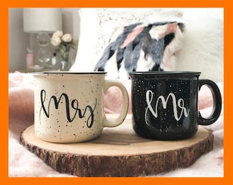 Mr. and Mrs. Campfire Mugs - Set of 2 - Handlettered Ceramic Mugs - Wedding Engagement Bridal Shower Gift - Microwave and Dishwasher Safe