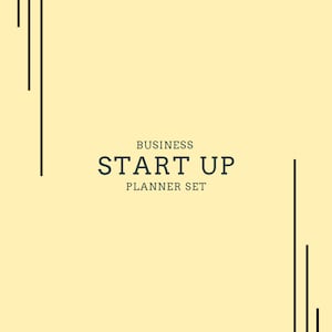 Może przedstawiać: Żółte tło z czarną ramką wokół krawędzi. Tekst "BUSINESS START UP PLANNER SET" znajduje się w środku obrazu.