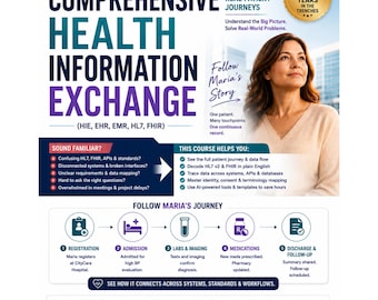 May include: A promotional graphic for a health IT course. The image features the title "Comprehensive Health Information Exchange" with a woman's portrait. It highlights real-world patient journeys and offers solutions for health IT professionals.