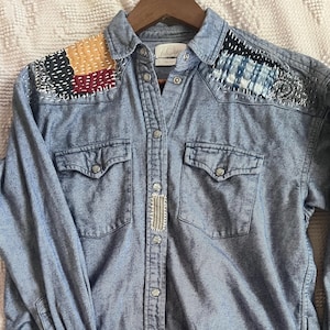 UPCYCLED Boho Style linocut star Patched and Embroidered Long Sleeved Button Down Denim Shirt
