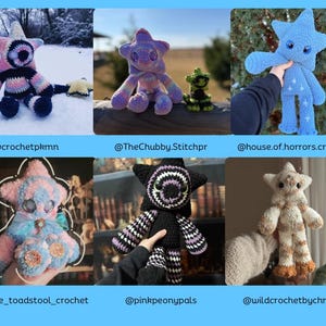 May include: A collection of handmade crochet star-shaped plush toys in various colors and designs. Each star has a unique pattern, with some featuring stripes, circles, and contrasting colors. The toys are soft and cuddly, perfect for children or as decorative items.