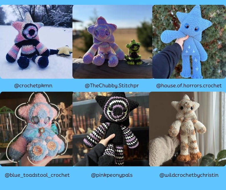 May include: A collection of handmade crochet star-shaped plush toys in various colors and designs. Each star has a unique pattern, with some featuring stripes, circles, and contrasting colors. The toys are soft and cuddly, perfect for children or as decorative items.