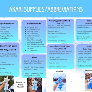 May include: A teal and blue infographic titled "AKARI SUPPLIES/ABBREVIATIONS" lists crochet supplies, abbreviations, and yarn/hook details for Akari and Baby Akari crochet projects. Includes yarn colors, sizes, and hook sizes.