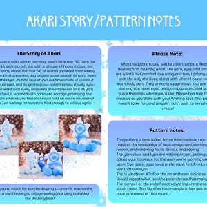 May include: A crochet pattern sheet titled "AKARI STORY/PATTERN NOTES" with text and images of a star-shaped plush toy. The text describes the pattern and provides notes for crocheters. The plush toy is blue and white.