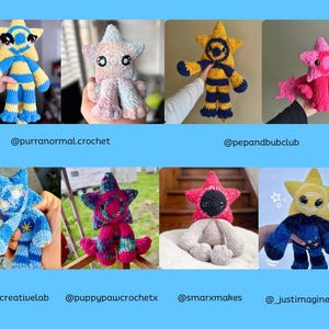 May include: A collection of handmade crochet star-shaped plush toys in various colors, including blue, yellow, pink, and red. Each star has unique features and designs, with some featuring striped patterns and contrasting colors. The toys are displayed in a grid format.