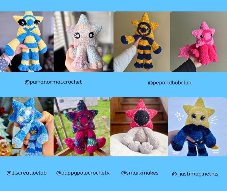 May include: A collection of handmade crochet star-shaped plush toys in various colors, including blue, yellow, pink, and red. Each star has unique features and designs, with some featuring striped patterns and contrasting colors. The toys are displayed in a grid format.