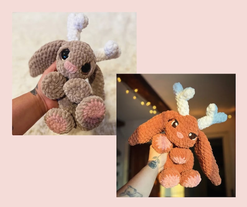 May include: Two plush bunny toys, one in brown and the other in orange, each with large eyes, pink accents, and white antlers. The toys are handmade and have a soft, textured appearance, perfect for children.