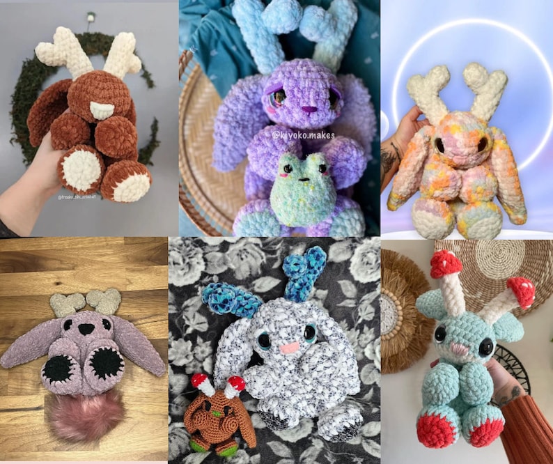 May include: A selection of handmade crochet plush toys. The collection includes a brown deer-like creature with cream antlers, a purple bunny with blue ears, and a blue creature with mushroom-shaped antlers. Each has large eyes.