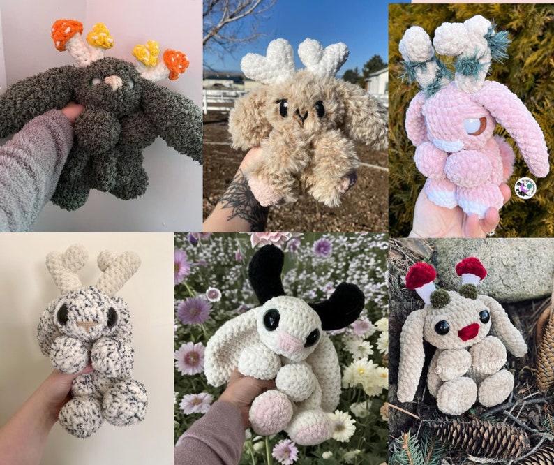 May include: A selection of handmade crochet plush toys in diverse colours and designs. The plushies have mushroom, antler, and bunny-like features. The colour scheme includes green, brown, pink, white, and black. These soft toys are suitable for children or as decorative items.