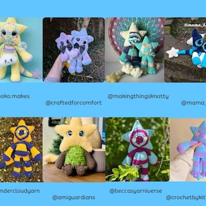May include: A collection of handmade star-shaped crochet dolls in various colors, including yellow, blue, and purple. Each doll has unique features and accessories, such as bags and striped patterns. The image includes several Etsy shop usernames.