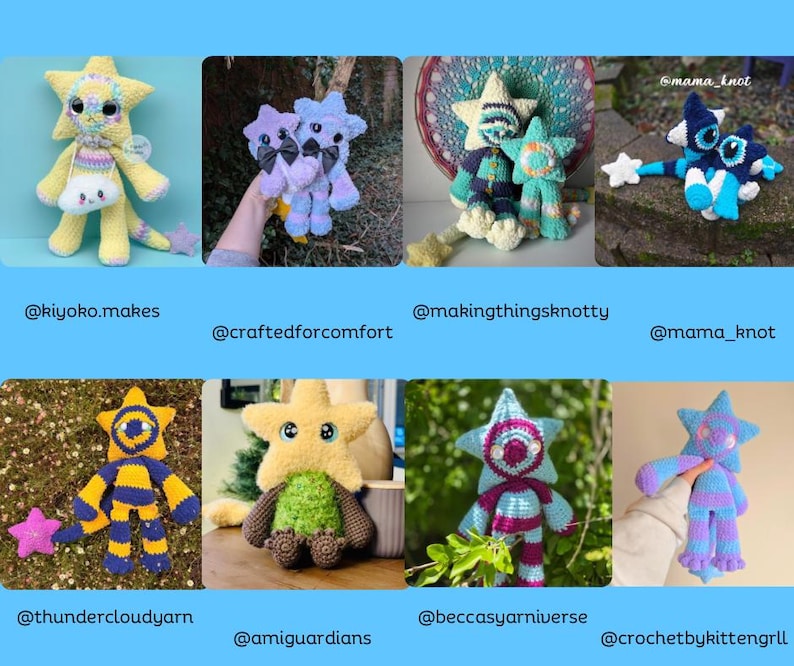 May include: A collection of handmade star-shaped crochet dolls in various colors, including yellow, blue, and purple. Each doll has unique features and accessories, such as bags and striped patterns. The image includes several Etsy shop usernames.