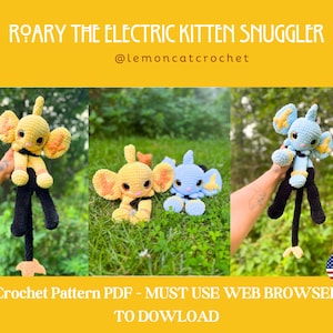 Puede incluir: Patrón de crochet para un juguete de peluche llamado "Roary the Electric Kitten Snuggler". El patrón está disponible para descargar en PDF. La imagen muestra tres versiones del juguete: amarillo, azul y naranja. El patrón está disponible en @lemoncatcrochet.