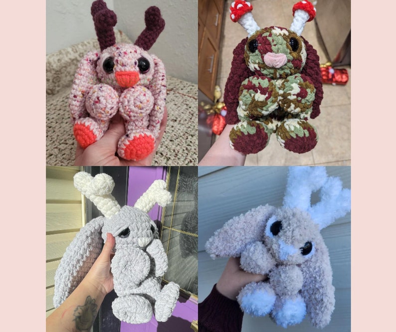 May include: Four handmade crochet bunny plushies. Each bunny has unique features: one with antlers and coral accents, another with mushroom-shaped ears, a grey bunny with bone-shaped ears, and a light brown bunny with white accents.