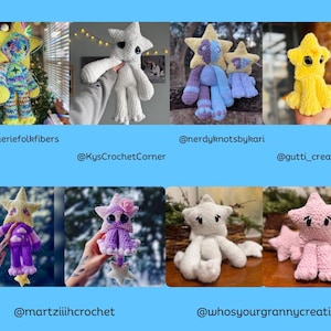 May include: Collection of handmade crochet star-shaped plush toys in various colors. The stars have different facial expressions and some have additional embellishments. The toys are displayed against various backgrounds.