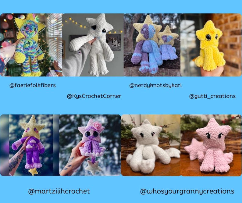 May include: Collection of handmade crochet star-shaped plush toys in various colors. The stars have different facial expressions and some have additional embellishments. The toys are displayed against various backgrounds.