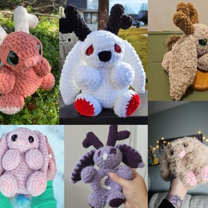 May include: A selection of handmade crochet bunny plush toys with antler-like features. The toys are in various colours, such as pink, white, and purple. Some have large eyes and are shown in different settings.