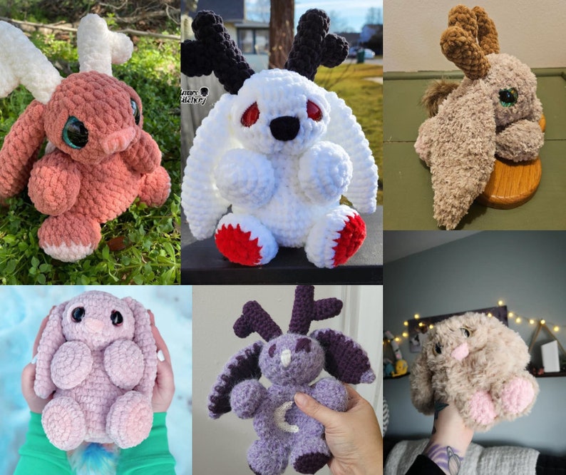 May include: A selection of handmade crochet bunny plush toys with antler-like features. The toys are in various colours, such as pink, white, and purple. Some have large eyes and are shown in different settings.