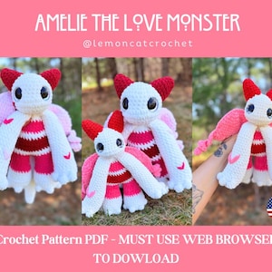 May include: Crochet pattern for a pink and white amigurumi love monster named Amelie. The pattern is available as a PDF download. The pattern is by @lemoncatcrochet.