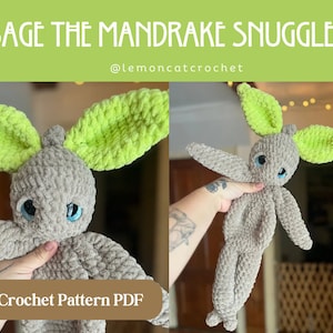 May include: Sage the Mandrake Snuggler crochet pattern PDF. A crocheted plush toy in the shape of a mandrake with gray fur, green leaves, and blue eyes.  @lemoncatcrochet