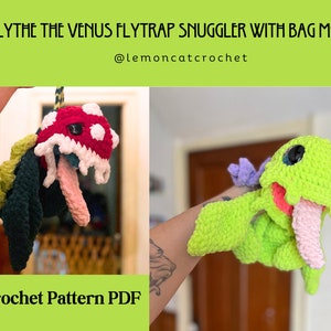 May include: Two crocheted Venus flytrap plushies, one with a red and white top and the other with a green top. Both have pink tongues and are holding a bag. The image includes the text "BLYTHE THE VENUS FLYTRAP SNUGGLER WITH BAG MOD @lemoncatcrochet Crochet Pattern PDF".