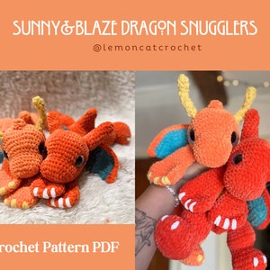 May include: A crochet pattern PDF for making two plush dragon toys. The dragons are orange and red with yellow horns and teal wings. The pattern is called "Sunny & Blaze Dragon Snugglers" by @lemoncatcrochet.