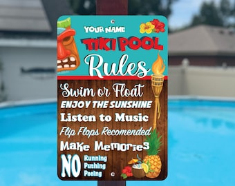 Letrero personalizado con las reglas de la piscina Tiki: Decoración tropical de aluminio