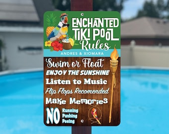 Letrero personalizado con las reglas de la piscina Tiki encantada - Decoración para exteriores