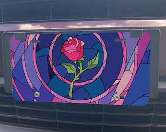 La Bella y la Bestia de Disney - Placa de aluminio para coche, rosa de vitral, accesorios y decoración para coche