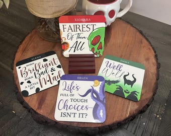 Disney Villains Coaster Set, Personalized Drink Coasters, Wood Stand, Bar Disney Accessories, Well Well, Maleficent, Cruella de Vil.