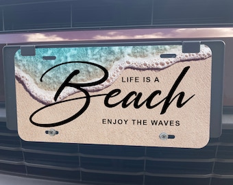 Placa de matrícula de aluminio brillante con diseño de vida playera, decoración de verano para coche