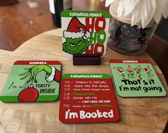 Juego de posavasos del Grinch con base de madera, regalo navideño personalizado, frases divertidas del Grinch