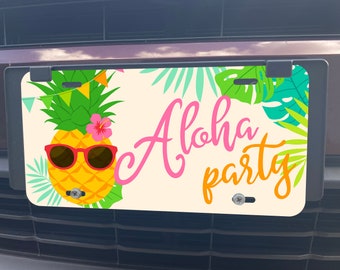 Aloha, Hawái, Tropical, Piña, Tiki, Etiqueta de coche de playa, Etiqueta frontal, Etiqueta de licencia, Matrícula, Accesorios y decoración para autos