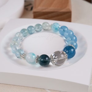 Healing Crystal Bracelet &quot;Clear Water&quot; Larimar, Aquamarine, Fluorite, Clear Quarts Handmade Original Design Bracelet